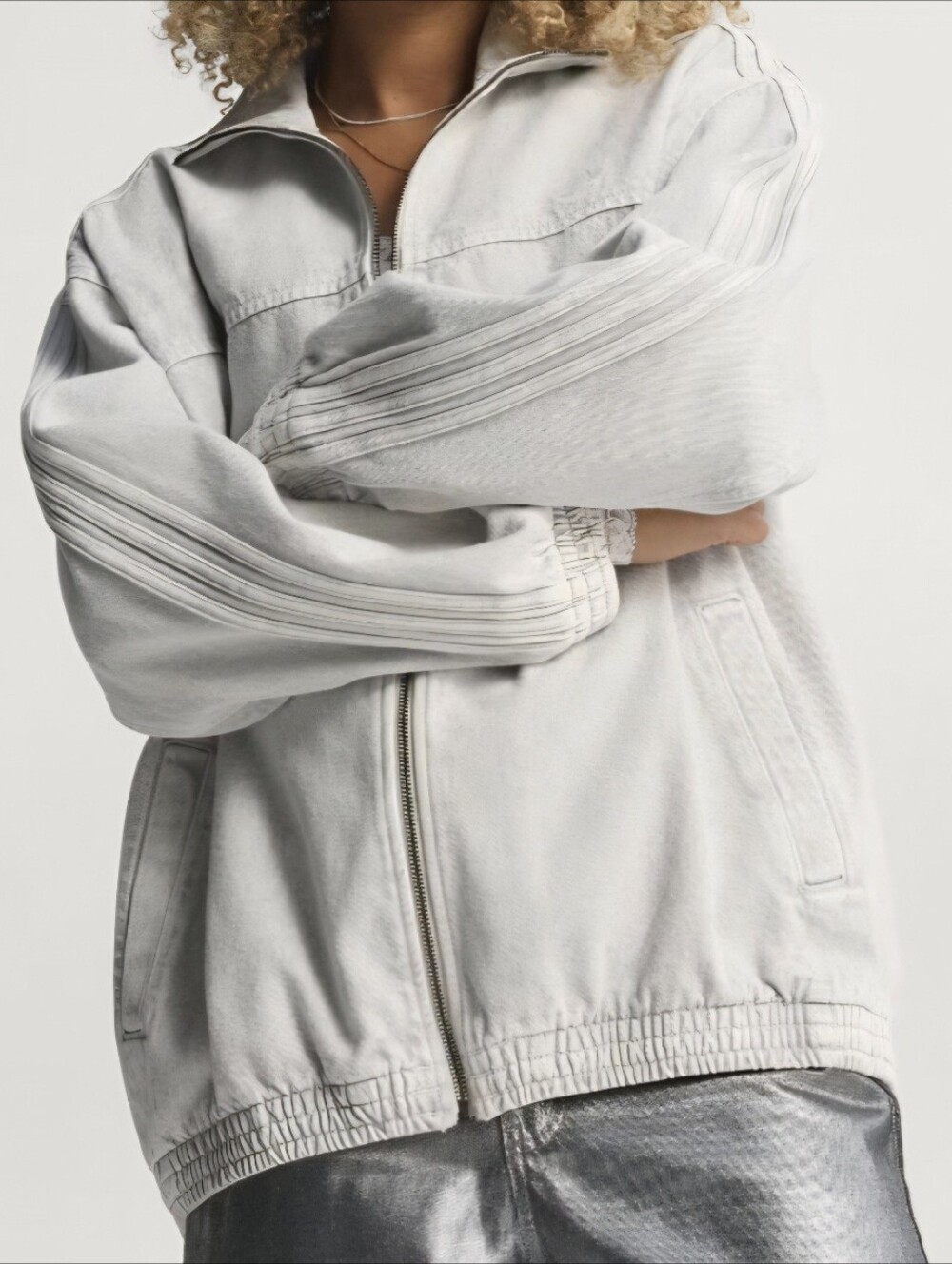 NWT Women's Light Gray Washed Adidas Firebird Denim Jacket